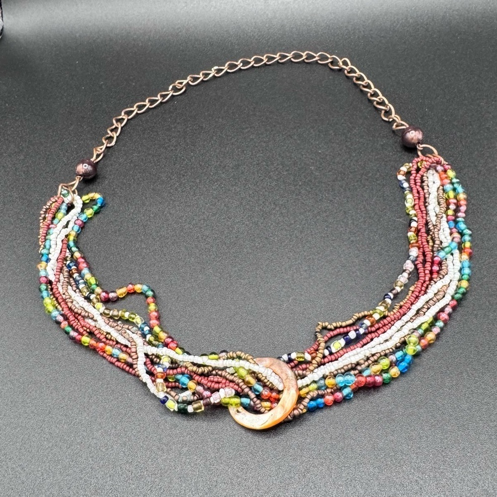 Y2K Multi-Strand Bead Necklace Mother of Pearl Centerpiece 26” Over-the-Head